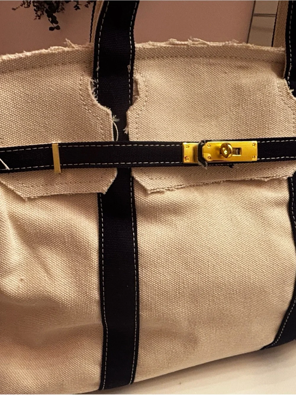 Canvas Tote with Navy Trim and Gold Hardware NWOT